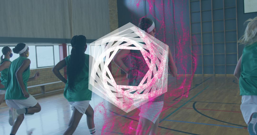 Basketball Team Practicing Drills in Gym with Dynamic Pink Overlay