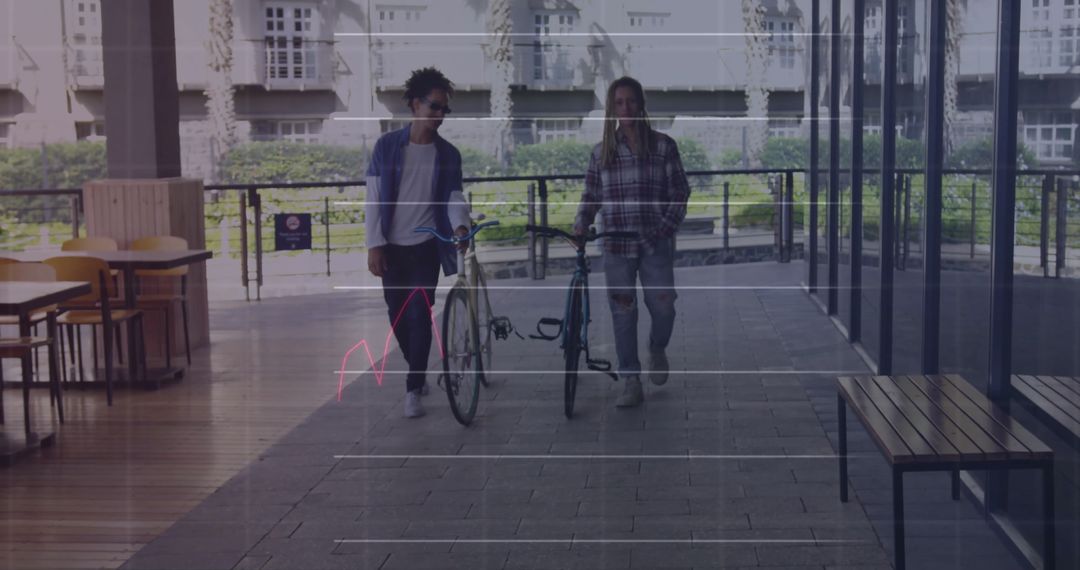 Couple with Bikes Amidst Digital Financial Data in Urban Setting