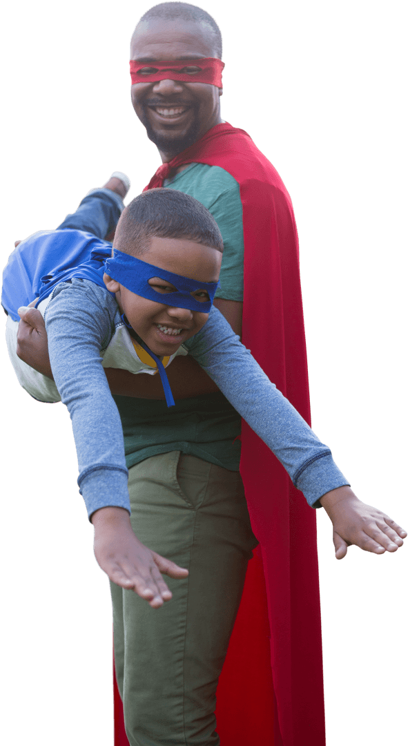 Happy Father and Son Pretending to be Superheroes with Red Cape Transparent