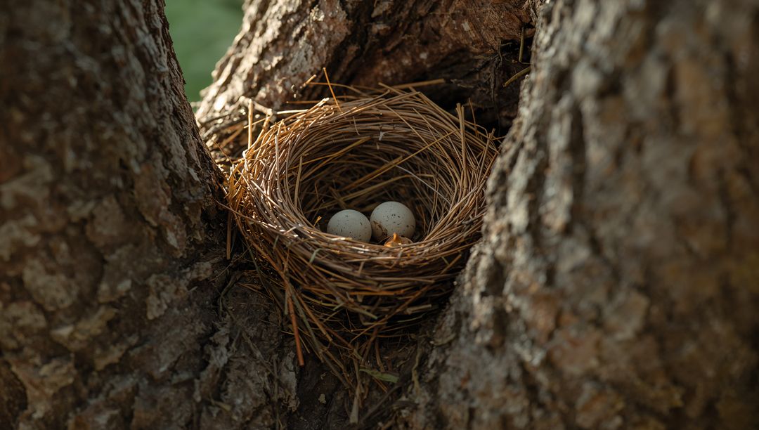 Closeup bird nest holding speckled eggs in tree fork with pine needles and rough textured bark