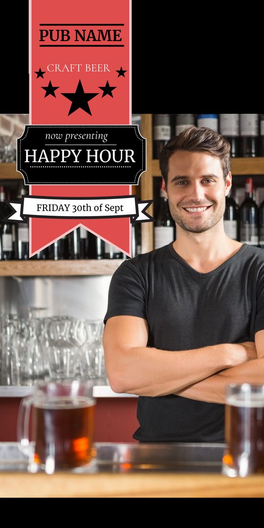 Happy Hour Poster with Smiling Bartender in Pub - Download Free Stock Templates Pikwizard.com