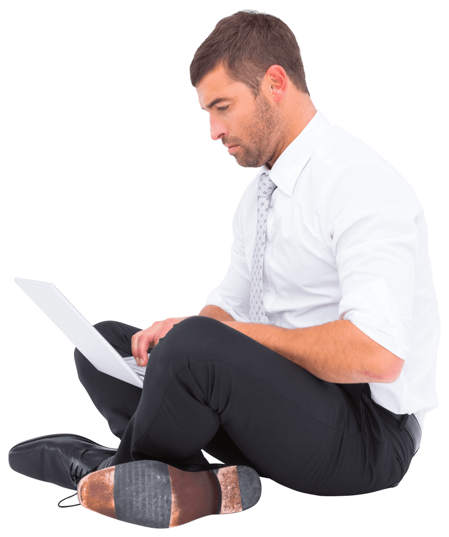 Transparent Businessman Sitting on Floor Working on Laptop