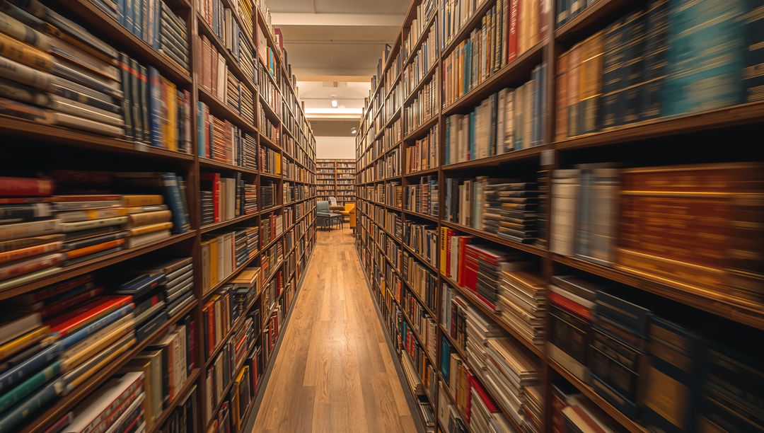 Library Aisle with Warm Lighting and Wooden Shelves