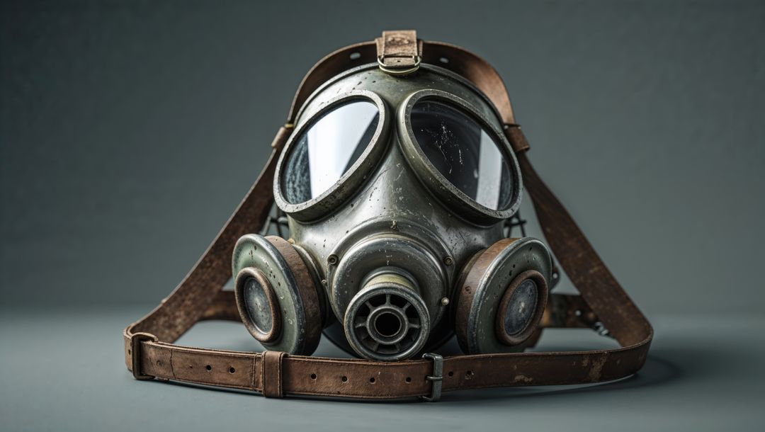 Vintage first world war military gas mask on table with dual canisters