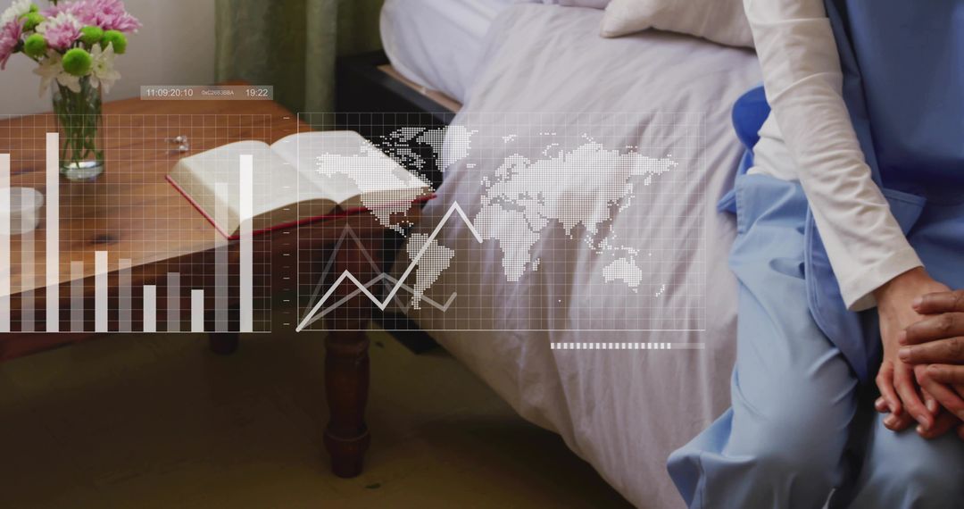 Senior Patient Sitting on Bed Clasping Hands with Medical HUD Overlay and Open Book