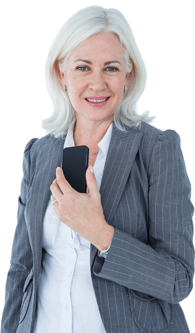 Transparent Businesswoman Smiling with Mobile Phone in Gray Suit