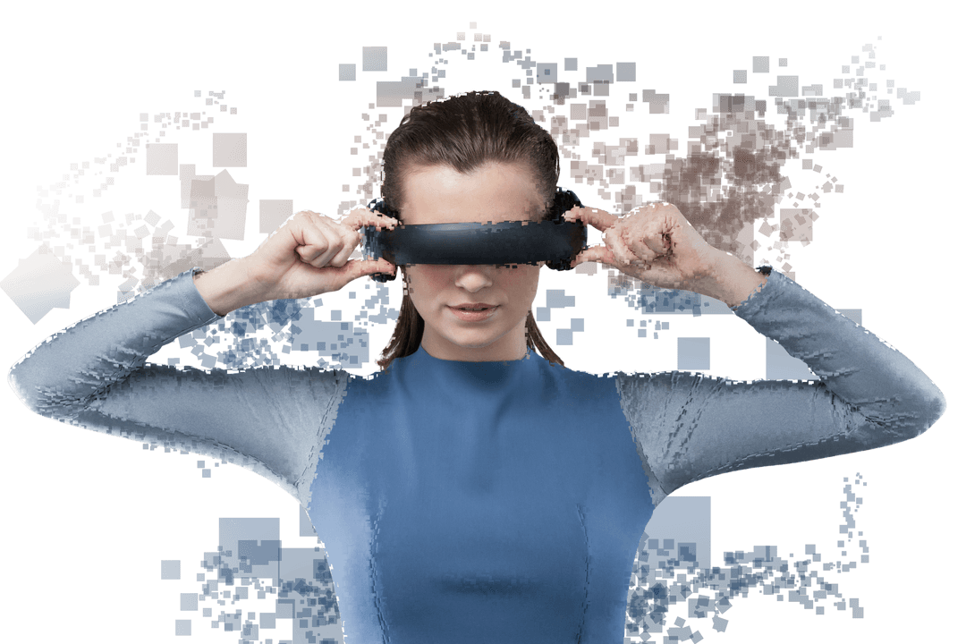 Digital Woman Using VR Headset Isolated on Transparent Background