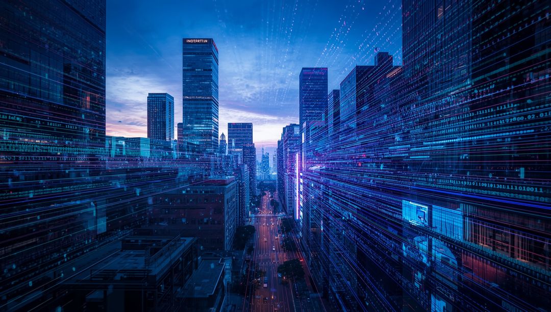 Digital Data Streams Flowing Amidst Futuristic Urban Skyscrapers