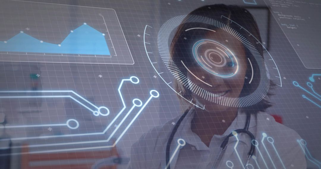 Female clinician with stethoscope interacting with holographic HUD and health data visuals