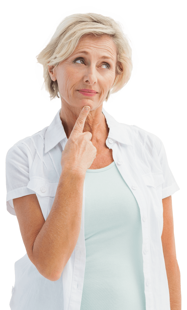 Thoughtful Transparent Mature Woman with Hand on Chin