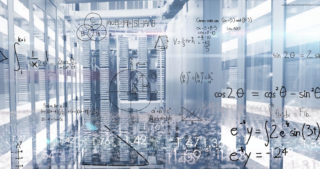 Mathematical Equations Overlaying Modern Data Server Room
