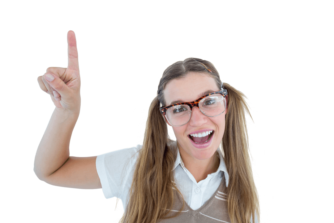 Playful Hipster Pointing Upward on Transparent Background