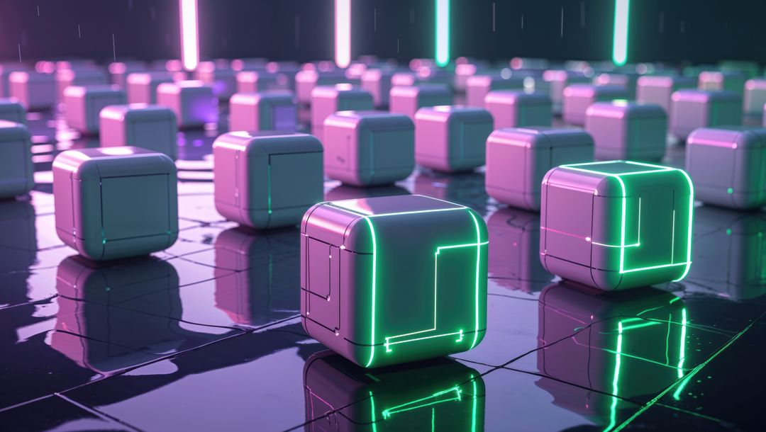 Futuristic Neon Cubes Reflecting in Cyberpunk Environment