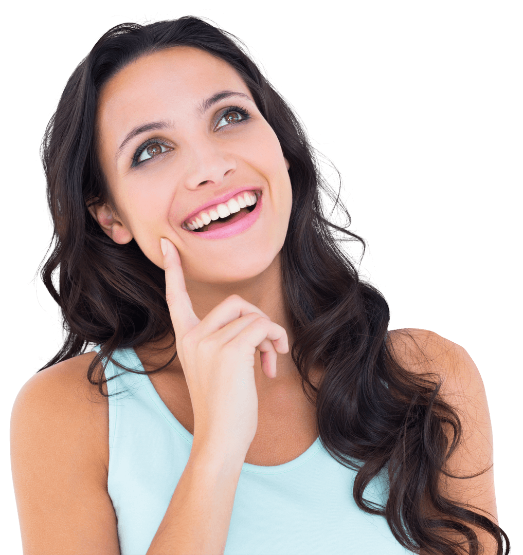 Smiling Brunette Woman Finding Inspiration with Thoughtful Pose on Transparent Background