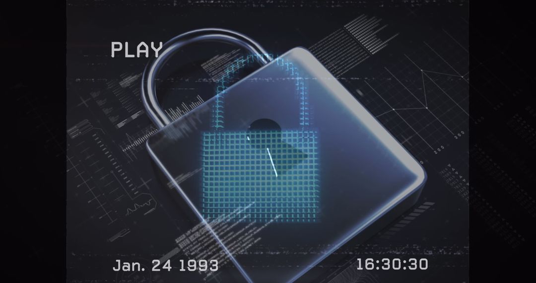 Digital Lock with Futuristic Interface and Retro Timestamp Overlay