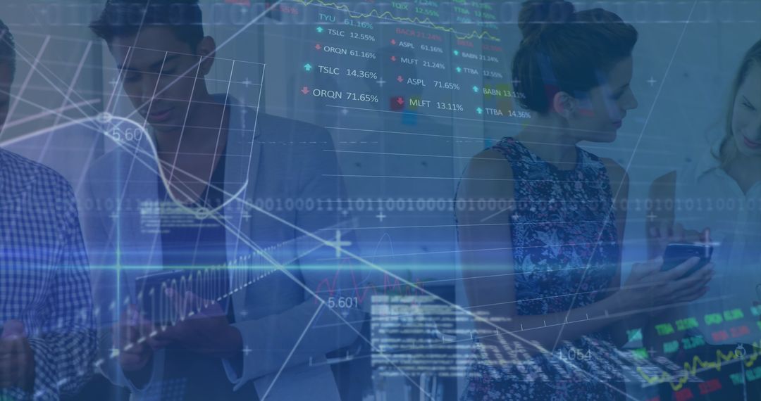 Diverse Team Analyzing Stock Market Trends with Digital Data Overlay