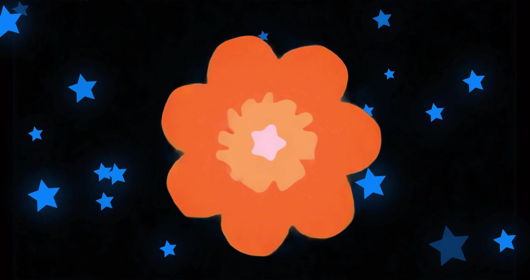 Displaying Stylized Orange Flower Surrounded by Blue Stars on Deep Black Backdrop