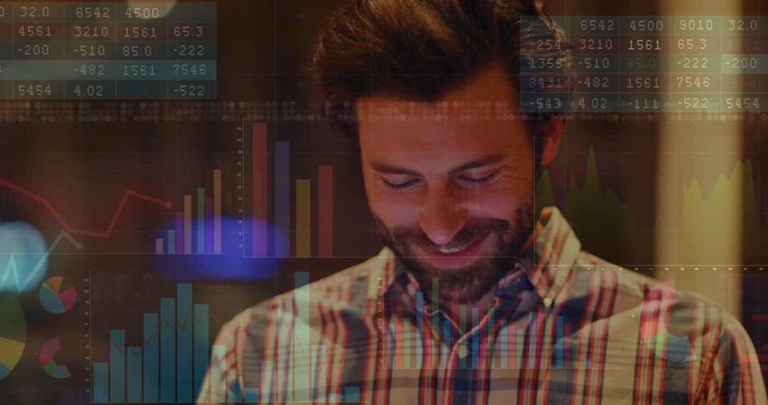 Businessman Analyzing Data on Smartphone with Financial Graphs Overlay