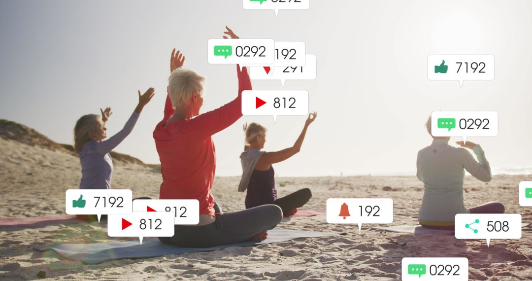 Women Practicing Yoga on Beach with Social Media Notifications
