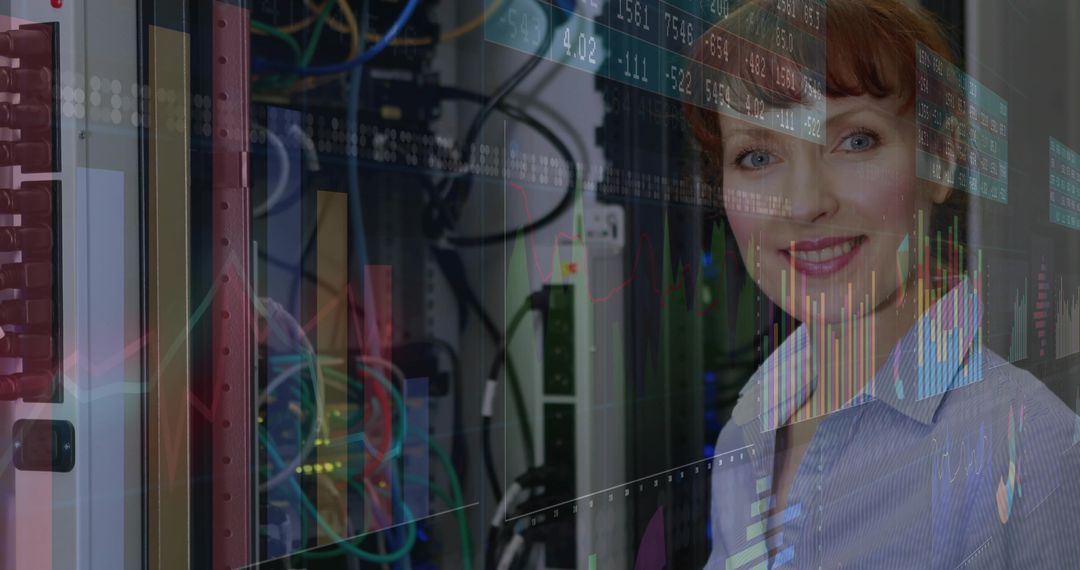 Smiling Female IT Expert Monitoring Network Servers in Data Center