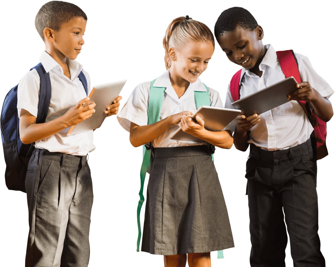 Diverse Students in Uniforms Using Tablets Transparent Background