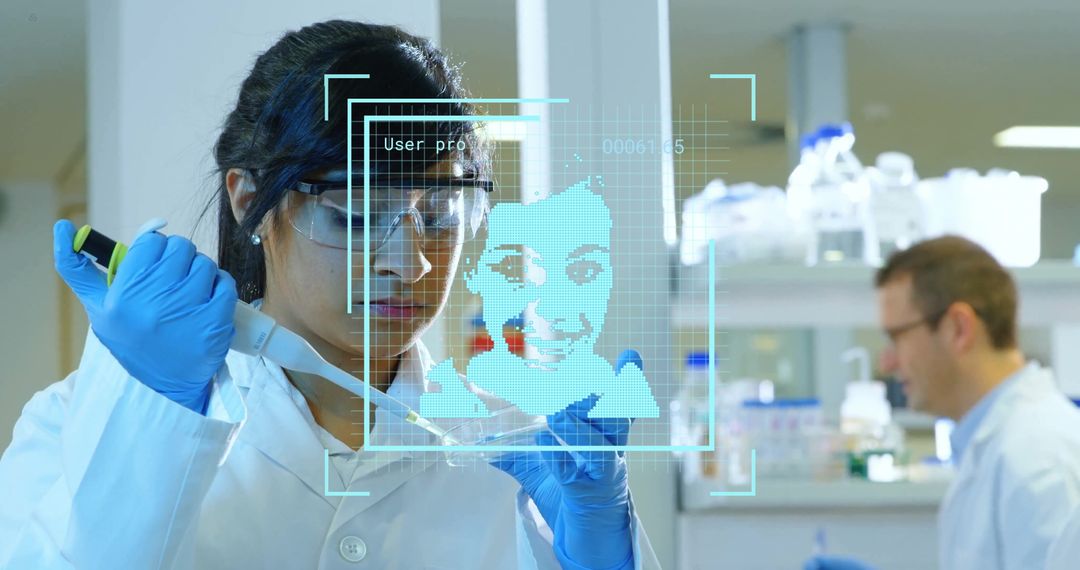 Bi-Racial Female Scientist Analyzing Samples with Digital Interface in Lab