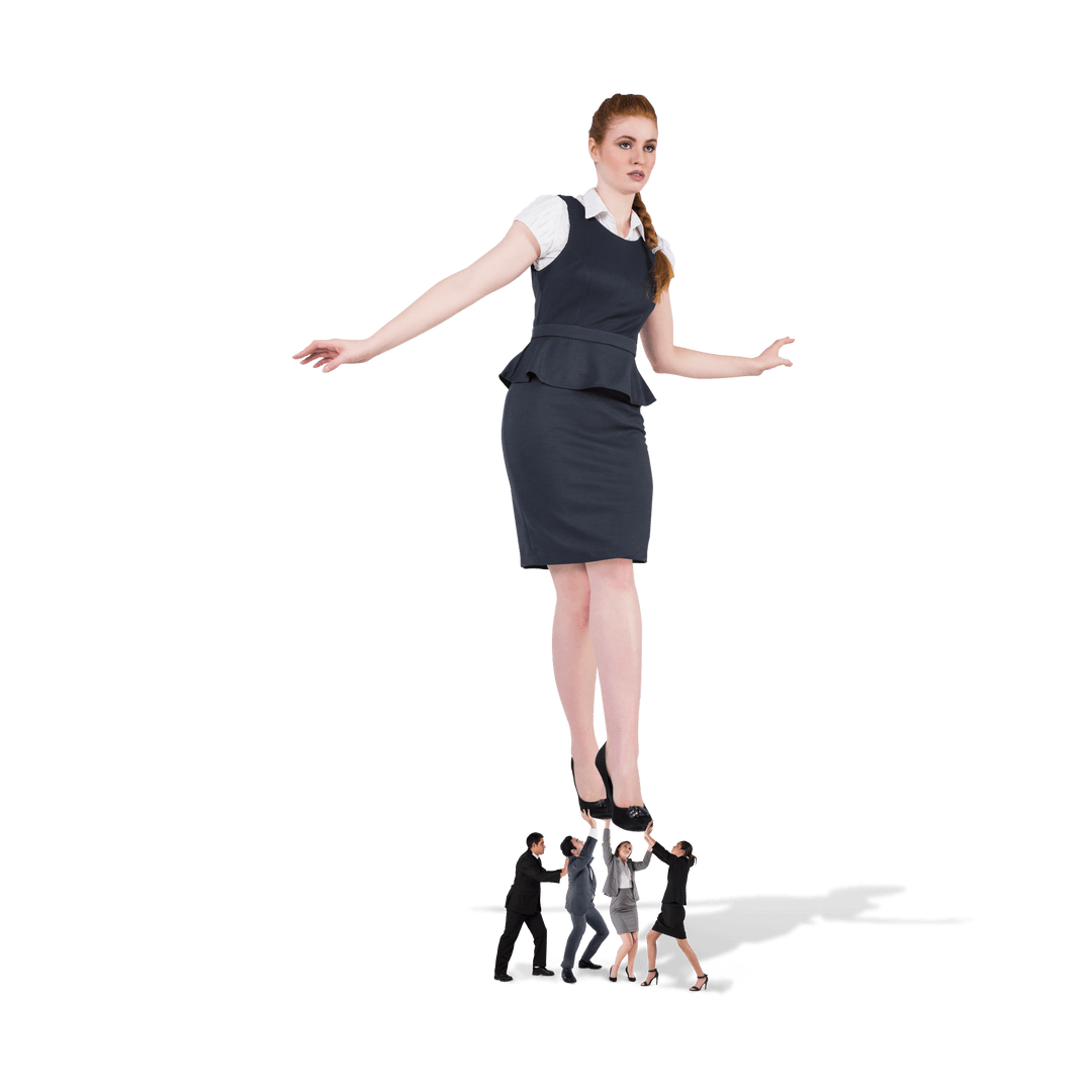 Giant Female Executive Balancing on Team of Small Business Colleagues Transparent Background