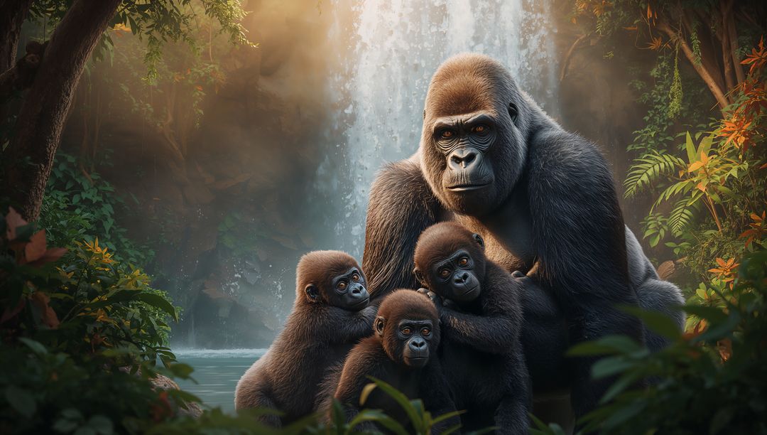 Guarding silverback protecting three infant gorillas beside waterfall in lush rainforest