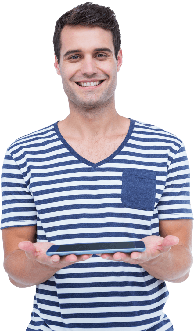 Smiling Man Holding Digital Tablet with Transparent Background