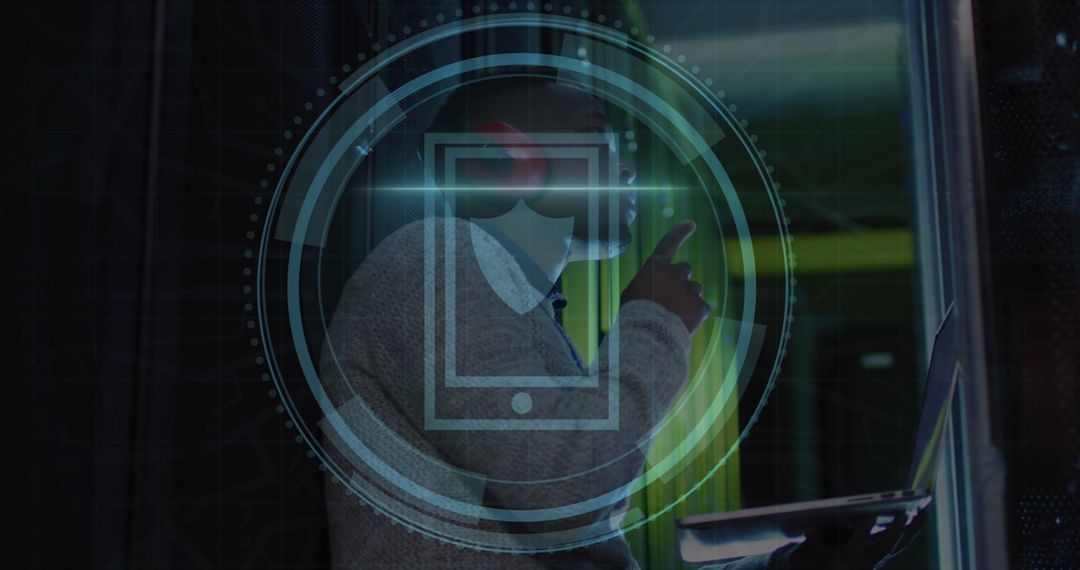 Cybersecurity Engineer with Digital Interface in Modern Server Room