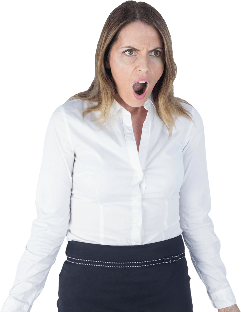 Transparent Shocked Businesswoman with Mouth Open in White Blouse