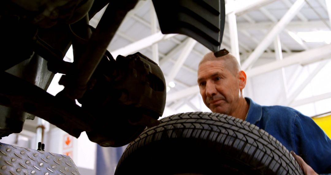 Mechanic Inspecting Car Tire in Maintenance Garage - Free Images, Stock Photos and Pictures on Pikwizard.com