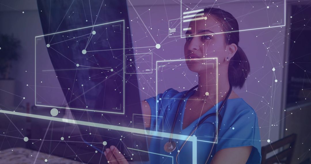 Indian Doctor Analyzing Data on Futuristic Digital Display in Laboratory