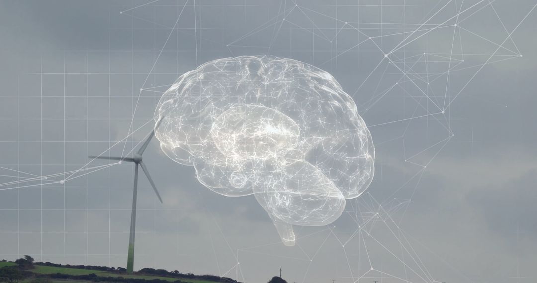 Digital Brain Hologram Overlook Wind Turbine on Hillside