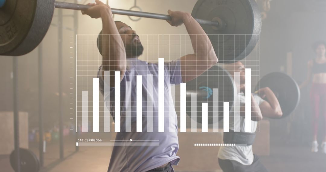 Men in Gym Exert Physical Strength Amidst Data Graph Overlay
