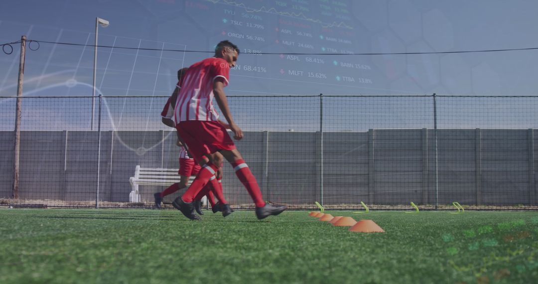 Young Soccer Players Training Amidst Digital Analytics Graphics