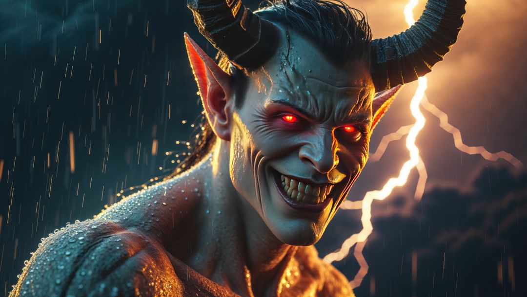 Horned Demon with Glowing Eyes in Stormy Lightning Scene