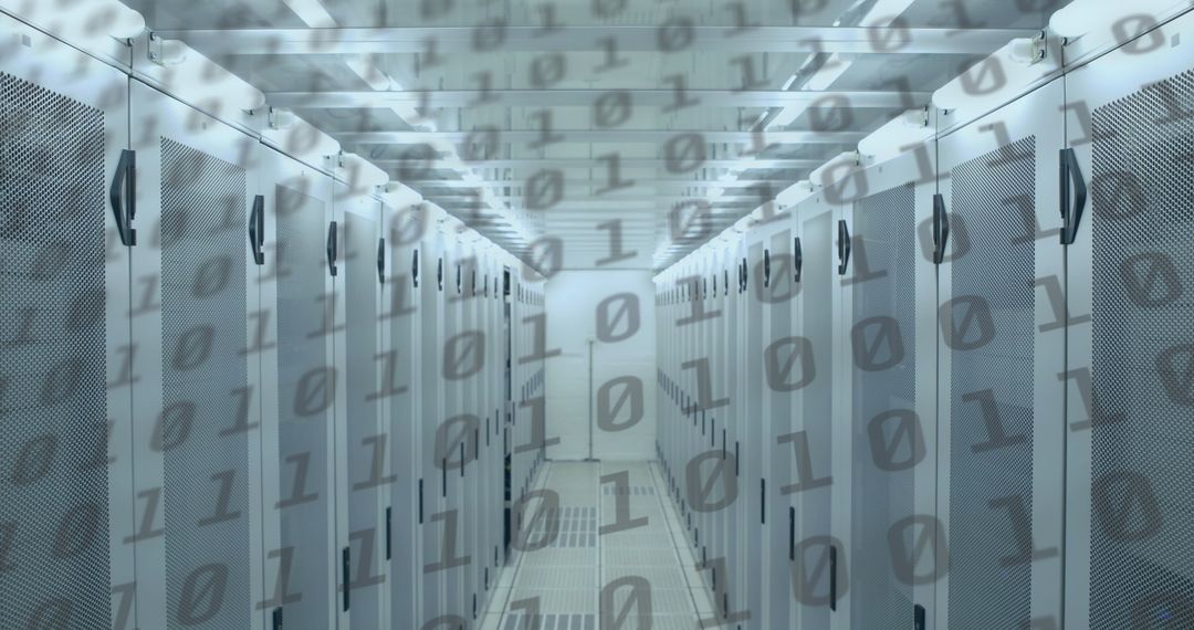 Binary code overlaying modern data center servers