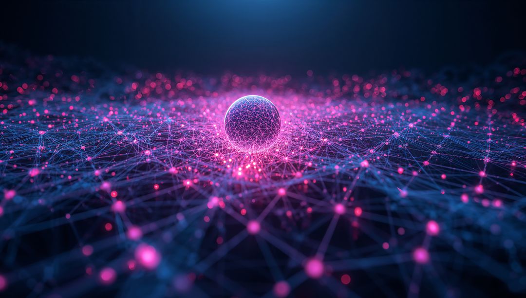 Futuristic Glowing Sphere in Neon Network Grid