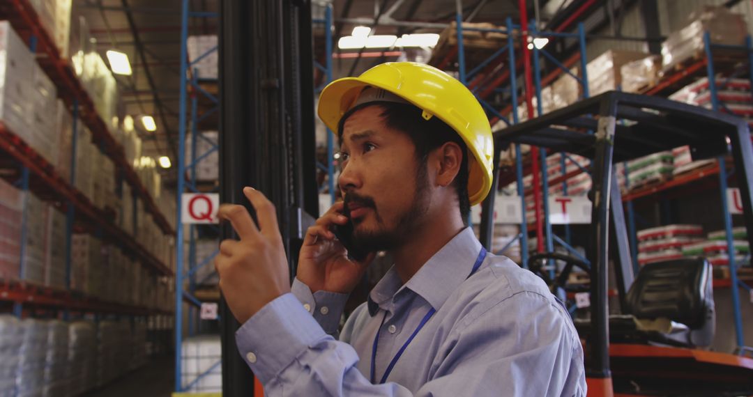 Warehouse Worker Communicating on Smartphone While Inspecting Inventory - Free Images, Stock Photos and Pictures on Pikwizard.com