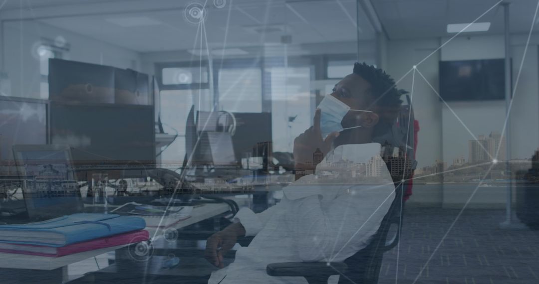 Businessman with Face Mask in Futuristic Digital Office Concept