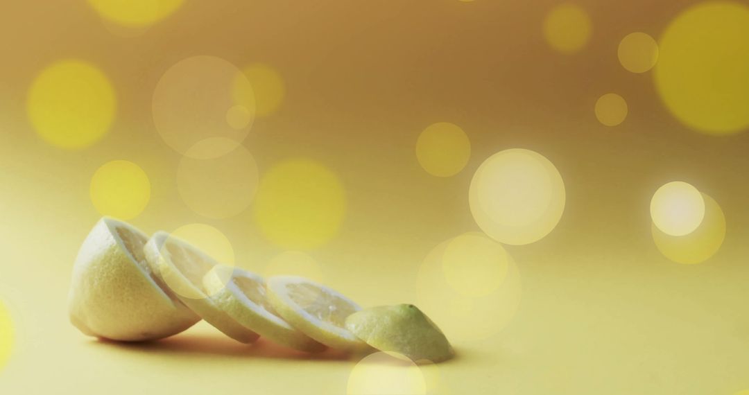 Sliced Lemon Pieces on Soft Yellow Bokeh Background