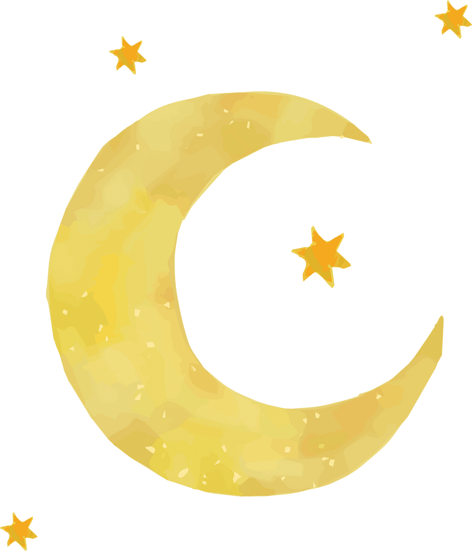 Watercolor Crescent Moon with Stars on Transparent Background