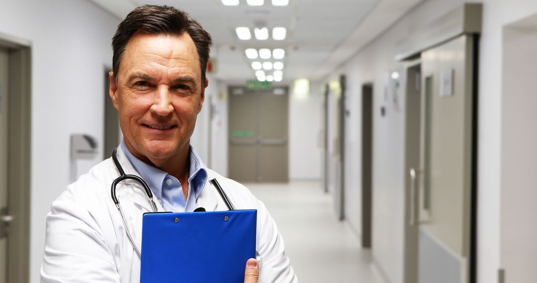 Confident Male Doctor with Clipboard in Hospital Hallway - Free Images, Stock Photos and Pictures on Pikwizard.com