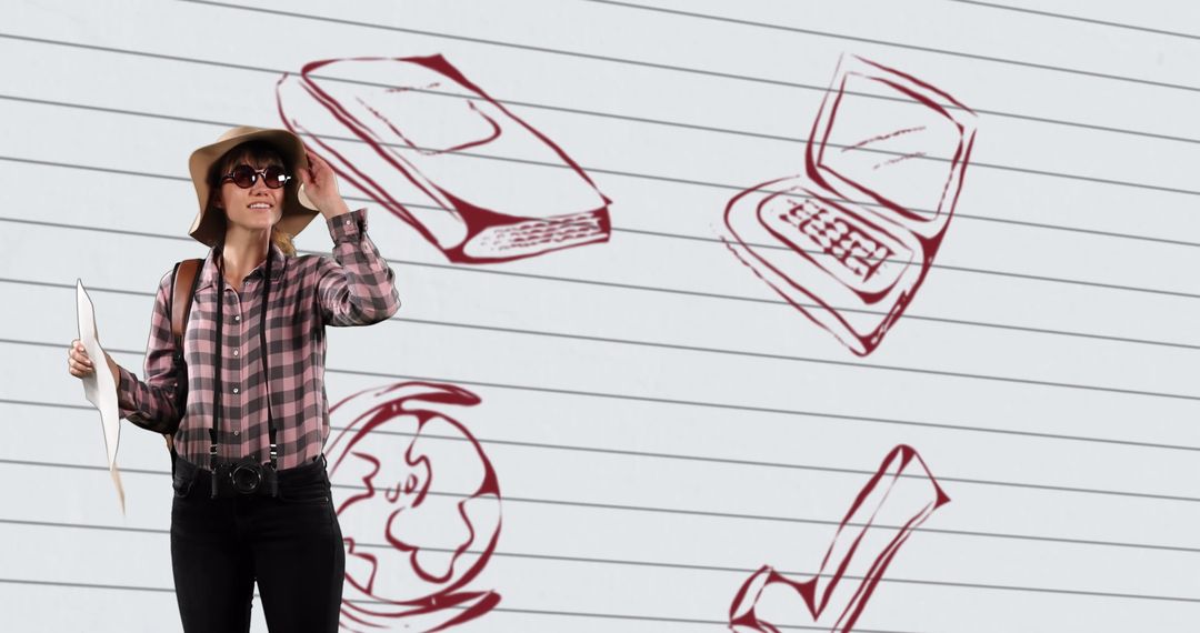 Adventurous Woman Exploring with Map and Educational Doodles