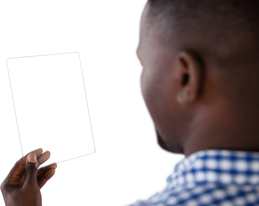 Man holding transparent touchscreen digital tablet