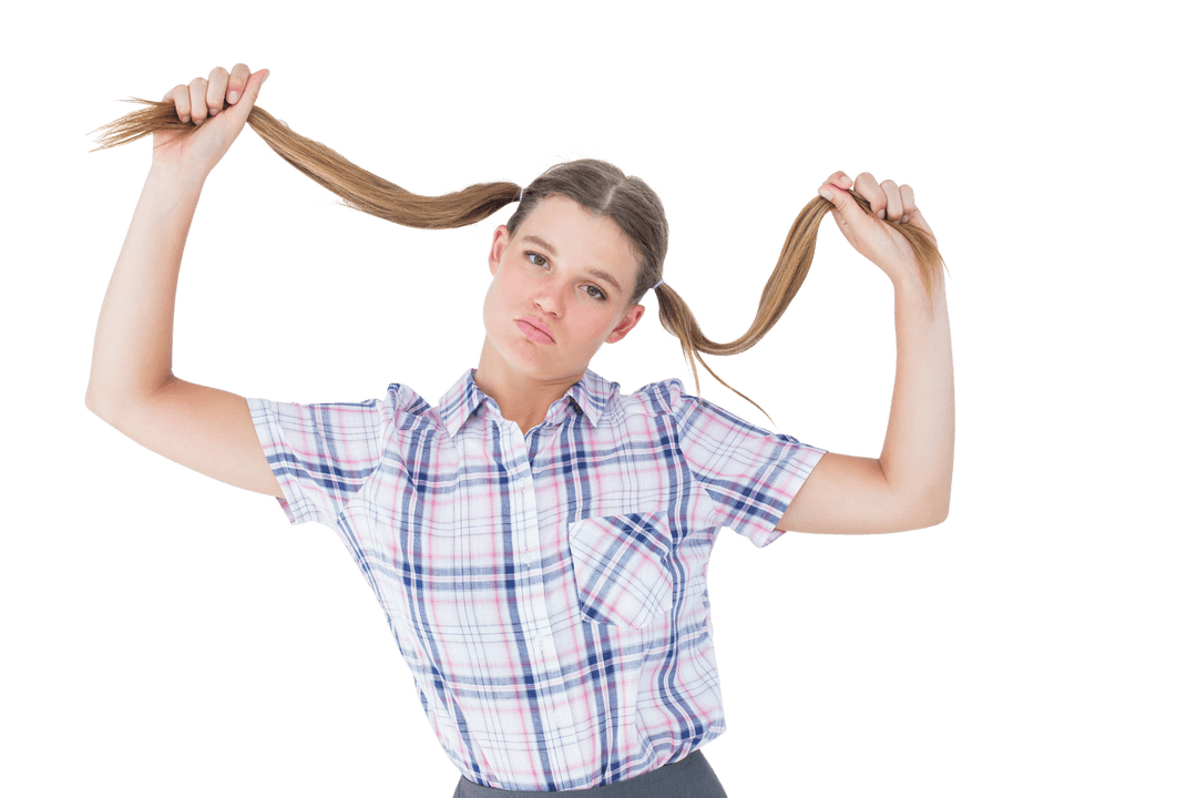 Quirky Girl Holding Pigtails Transparent Background
