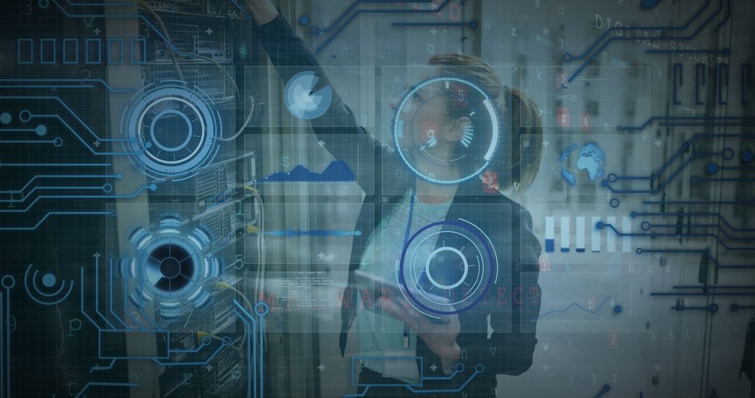 Female IT Technician Working in Data Center with Futuristic Interface