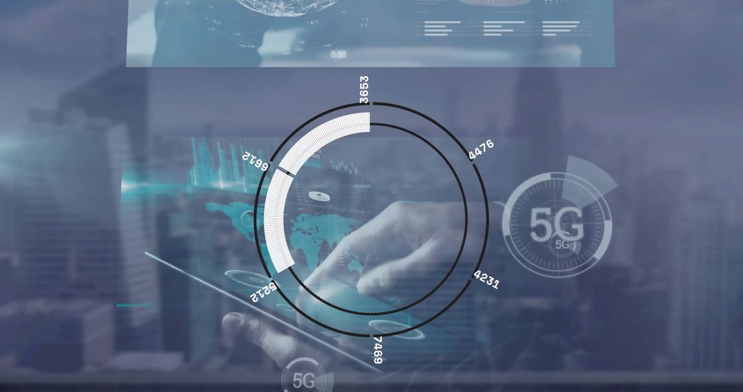 Touchscreen Innovation with Holographic 5G Interface by City Skyline