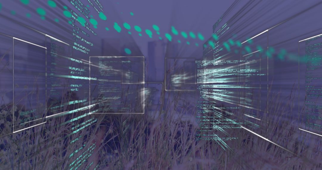 Digital Code Flow Through Futuristic Virtual Landscape
